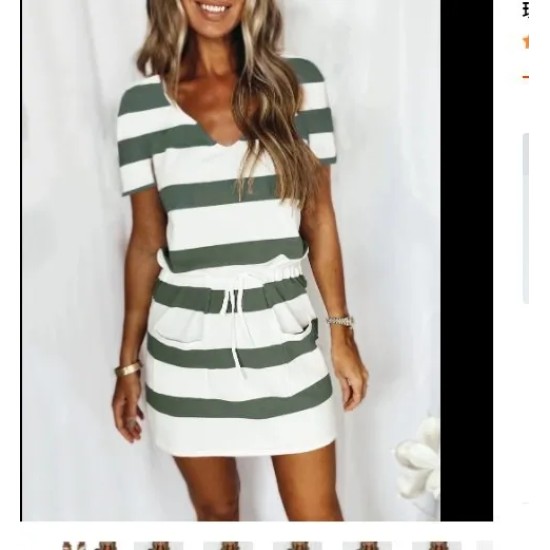 Women Fashion Casual Stripe V-Neck Short-Sleeve Tight Waist Dress