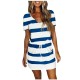 Women Fashion Casual Stripe V-Neck Short-Sleeve Tight Waist Dress