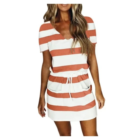 Women Fashion Casual Stripe V-Neck Short-Sleeve Tight Waist Dress