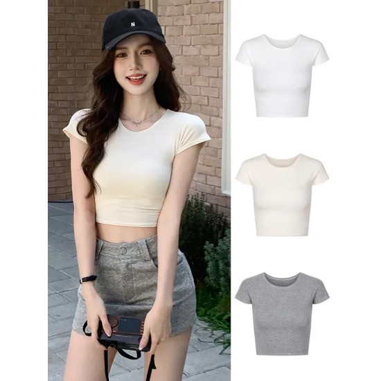 Slim-Fit Crop Top Women Basic Summer Short-Sleeved Casual Short T-Shirt