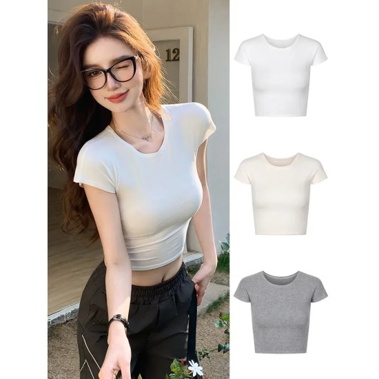 Slim-Fit Crop Top Women Basic Summer Short-Sleeved Casual Short T-Shirt