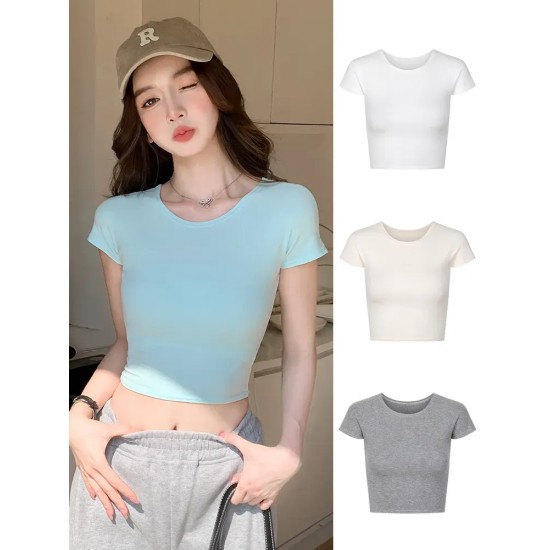 Slim-Fit Crop Top Women Basic Summer Short-Sleeved Casual Short T-Shirt