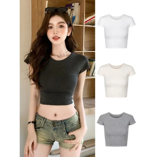 Slim-Fit Crop Top Women Basic Summer Short-Sleeved Casual Short T-Shirt