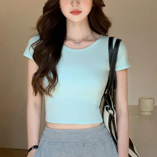 Slim-Fit Crop Top Women Basic Summer Short-Sleeved Casual Short T-Shirt