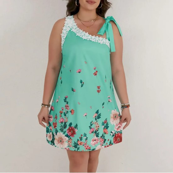Women Fashion Irregular Plus Size Floral Printed Sleeveless Lace-Up Dress