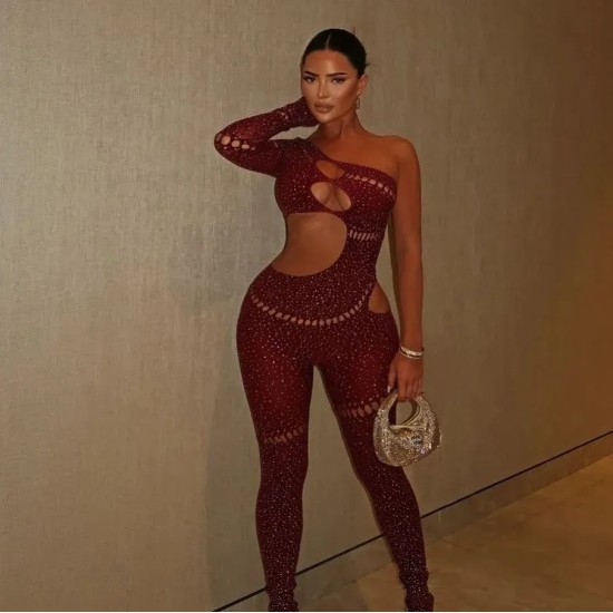 Women Fashion Sexy Rhinestone Tight Long Sleeve Hollow-Out High Elastic Jumpsuits