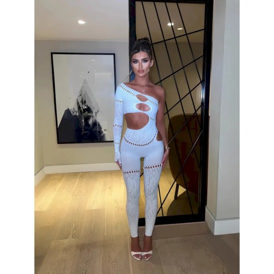 Women Fashion Sexy Rhinestone Tight Long Sleeve Hollow-Out High Elastic Jumpsuits