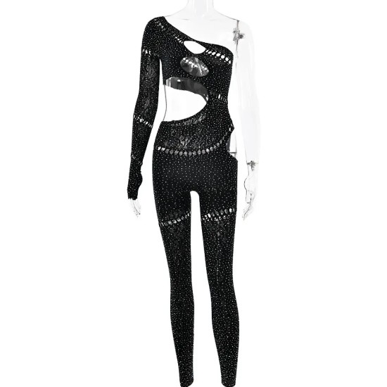 Women Fashion Sexy Rhinestone Tight Long Sleeve Hollow-Out High Elastic Jumpsuits