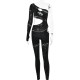 Women Fashion Sexy Rhinestone Tight Long Sleeve Hollow-Out High Elastic Jumpsuits