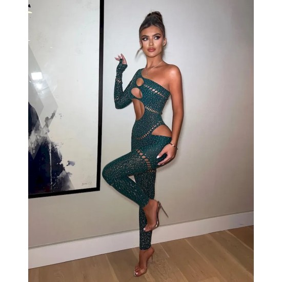 Women Fashion Sexy Rhinestone Tight Long Sleeve Hollow-Out High Elastic Jumpsuits