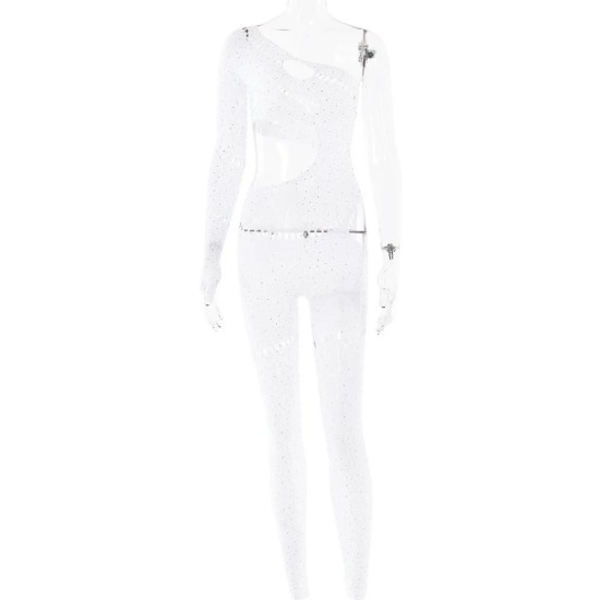 Women Fashion Sexy Rhinestone Tight Long Sleeve Hollow-Out High Elastic Jumpsuits