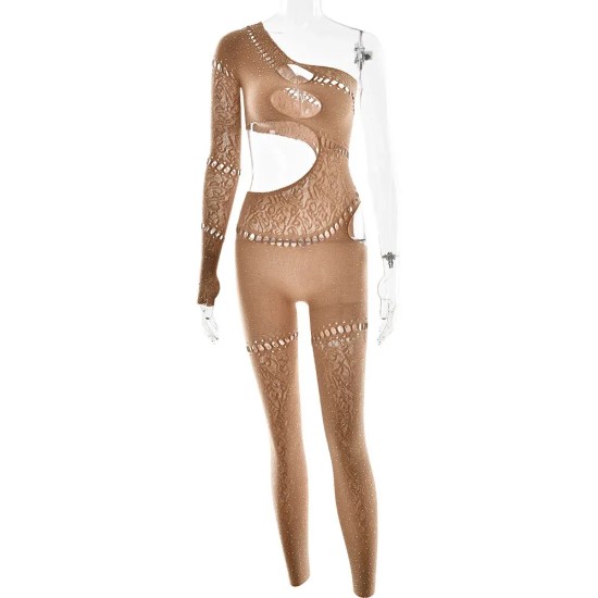 Women Fashion Sexy Rhinestone Tight Long Sleeve Hollow-Out High Elastic Jumpsuits