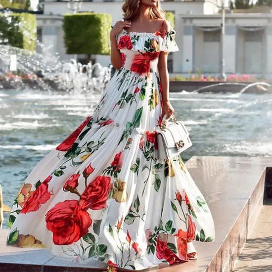 Women Fashion Casual Vacation Floral Printed Off-Shoulder Pleated Dress