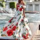 Women Fashion Casual Vacation Floral Printed Off-Shoulder Pleated Dress
