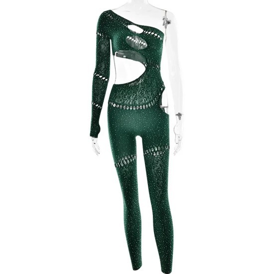 Women Fashion Sexy Rhinestone Tight Long Sleeve Hollow-Out High Elastic Jumpsuits