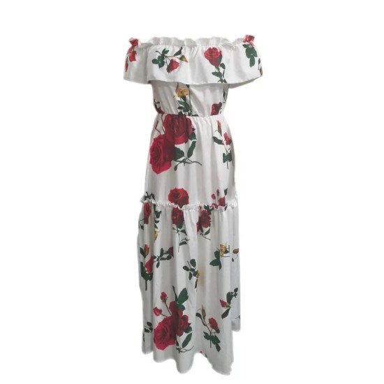 Women Fashion Casual Vacation Floral Printed Off-Shoulder Pleated Dress