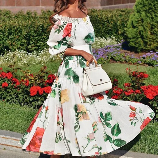 Women Fashion Casual Vacation Floral Printed Off-Shoulder Pleated Dress