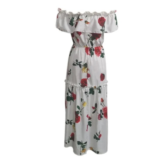 Women Fashion Casual Vacation Floral Printed Off-Shoulder Pleated Dress
