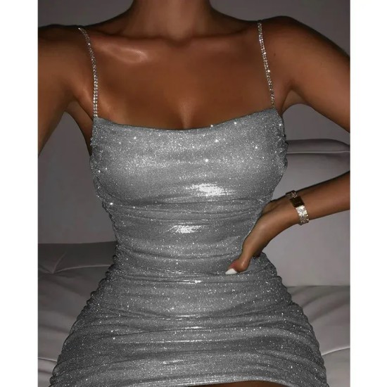 Women Nightclub Sexy Rhinestone Diamond Chain Drawstring Hip Wrap Dress