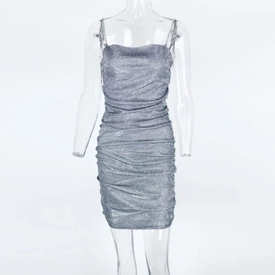 Women Nightclub Sexy Rhinestone Diamond Chain Drawstring Hip Wrap Dress