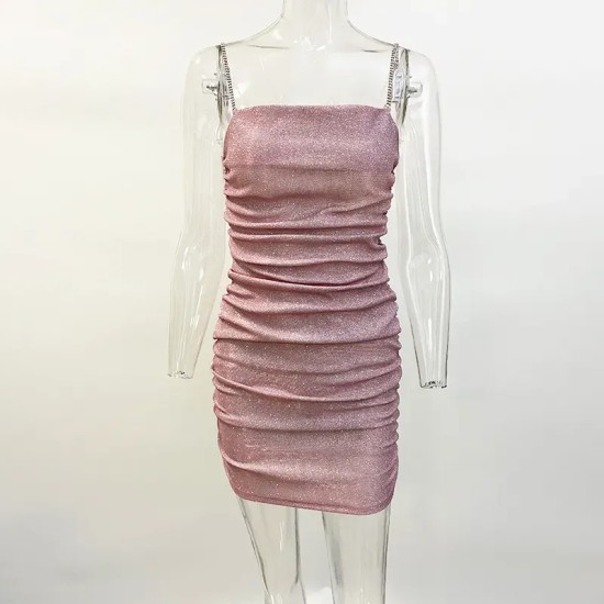 Women Nightclub Sexy Rhinestone Diamond Chain Drawstring Hip Wrap Dress