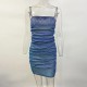 Women Nightclub Sexy Rhinestone Diamond Chain Drawstring Hip Wrap Dress