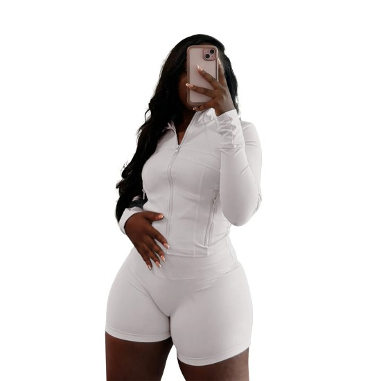 Women Fashion Casual Sexy Zipper Long Sleeve Top Tight Shorts Sports Two-Piece Set