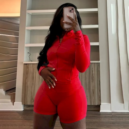 Women Fashion Casual Sexy Zipper Long Sleeve Top Tight Shorts Sports Two-Piece Set