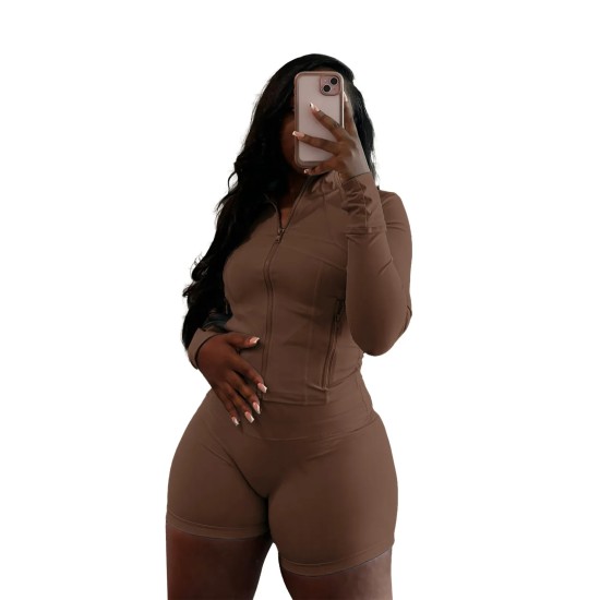 Women Fashion Casual Sexy Zipper Long Sleeve Top Tight Shorts Sports Two-Piece Set