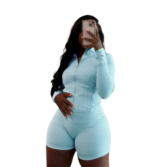 Women Fashion Casual Sexy Zipper Long Sleeve Top Tight Shorts Sports Two-Piece Set