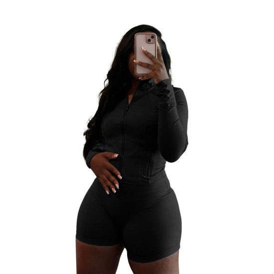 Women Fashion Casual Sexy Zipper Long Sleeve Top Tight Shorts Sports Two-Piece Set