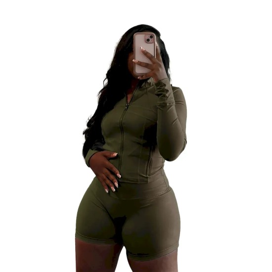 Women Fashion Casual Sexy Zipper Long Sleeve Top Tight Shorts Sports Two-Piece Set