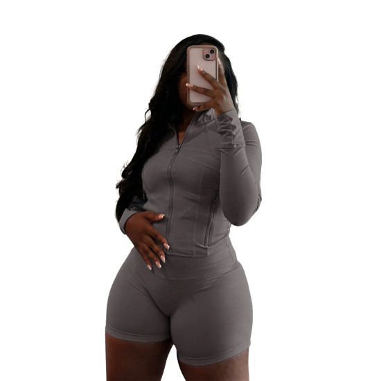 Women Fashion Casual Sexy Zipper Long Sleeve Top Tight Shorts Sports Two-Piece Set