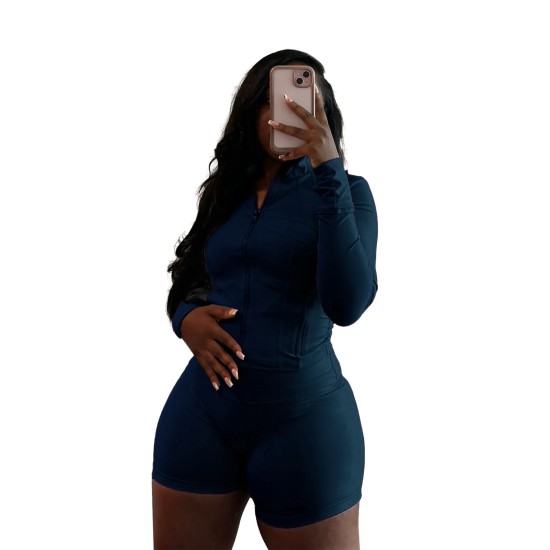 Women Fashion Casual Sexy Zipper Long Sleeve Top Tight Shorts Sports Two-Piece Set