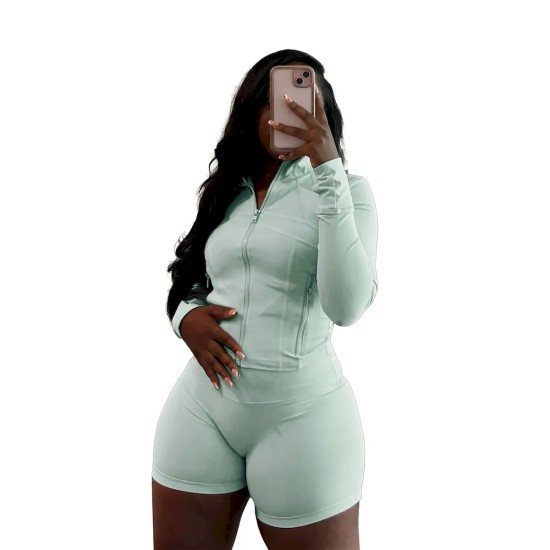 Women Fashion Casual Sexy Zipper Long Sleeve Top Tight Shorts Sports Two-Piece Set