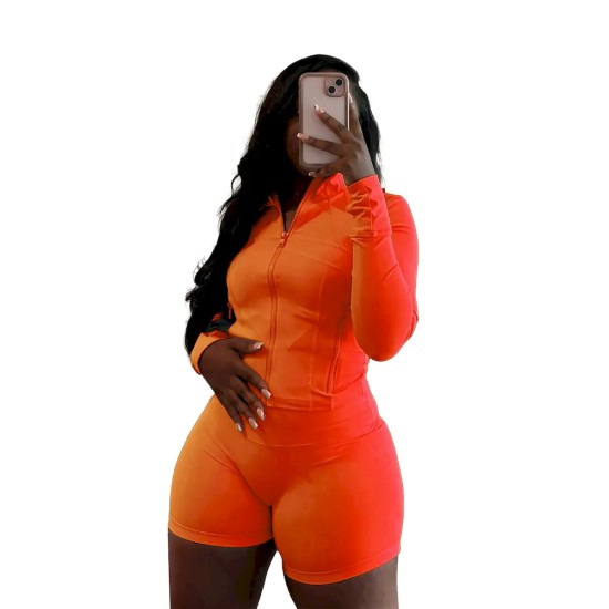 Women Fashion Casual Sexy Zipper Long Sleeve Top Tight Shorts Sports Two-Piece Set