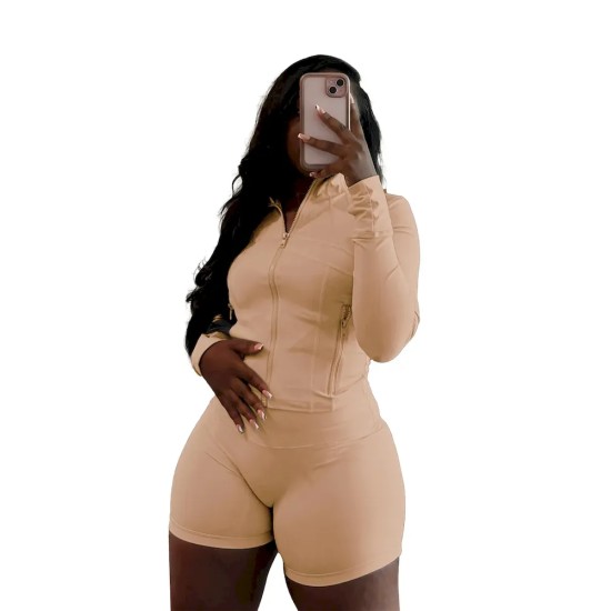 Women Fashion Casual Sexy Zipper Long Sleeve Top Tight Shorts Sports Two-Piece Set