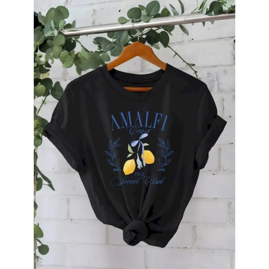 Women Pure Cotton Summer Short Sleeve Round Neck Lemon Pattern Printed T-Shirt