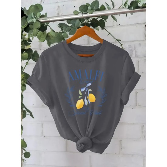 Women Pure Cotton Summer Short Sleeve Round Neck Lemon Pattern Printed T-Shirt