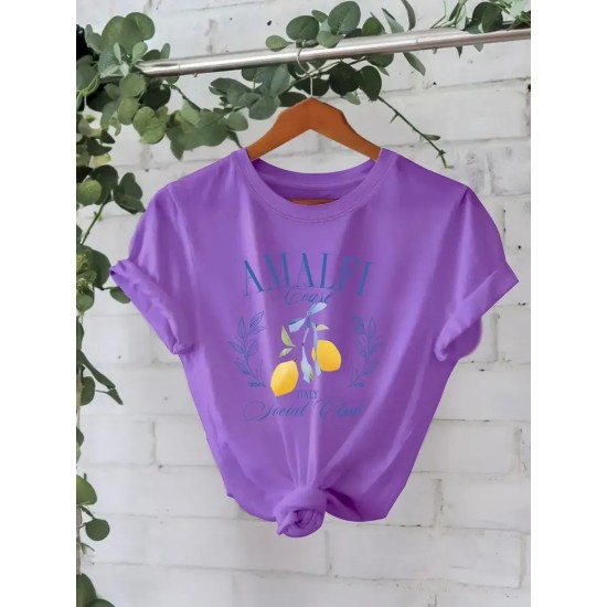 Women Pure Cotton Summer Short Sleeve Round Neck Lemon Pattern Printed T-Shirt
