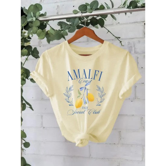 Women Pure Cotton Summer Short Sleeve Round Neck Lemon Pattern Printed T-Shirt
