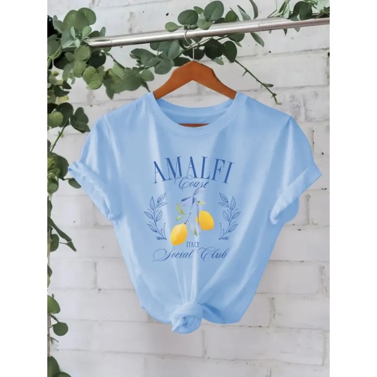 Women Pure Cotton Summer Short Sleeve Round Neck Lemon Pattern Printed T-Shirt