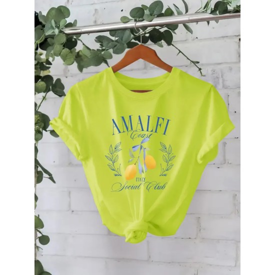 Women Pure Cotton Summer Short Sleeve Round Neck Lemon Pattern Printed T-Shirt