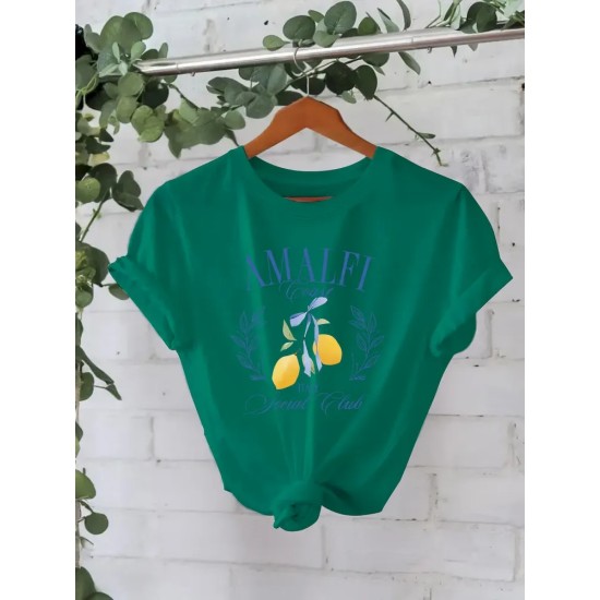 Women Pure Cotton Summer Short Sleeve Round Neck Lemon Pattern Printed T-Shirt