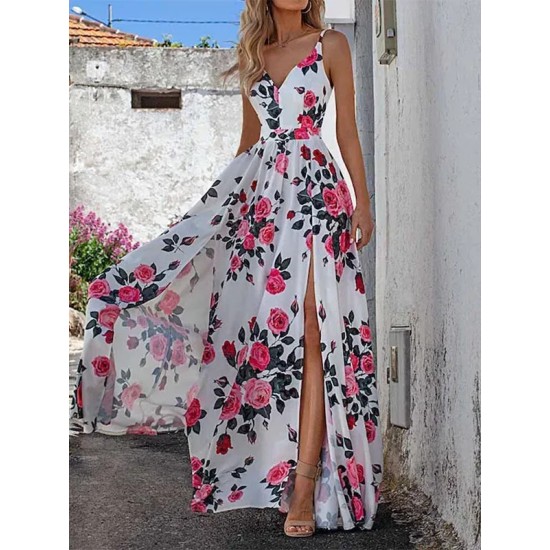 Women Fashion Casual Floral Printed V-Neck Sleeveless Split Dress