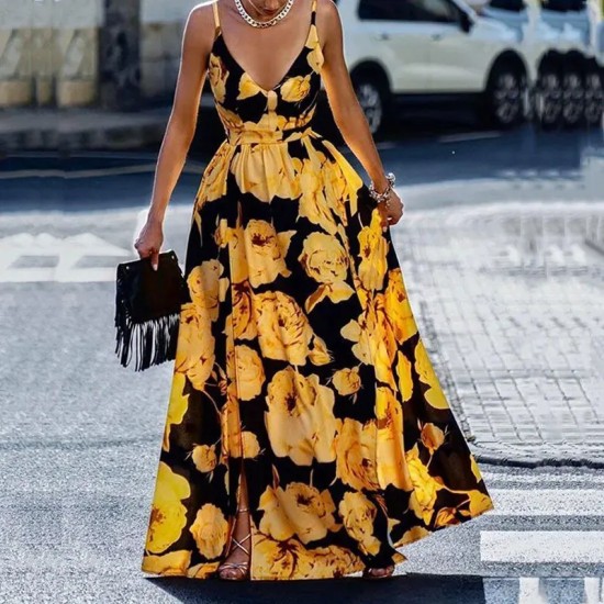 Women Fashion Casual Floral Printed V-Neck Sleeveless Split Dress