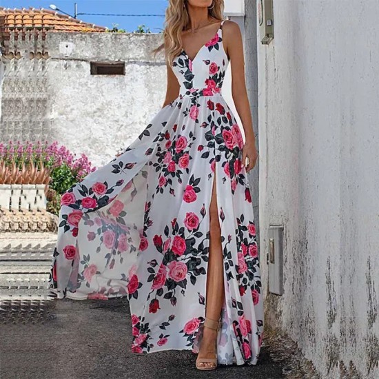 Women Fashion Casual Floral Printed V-Neck Sleeveless Split Dress
