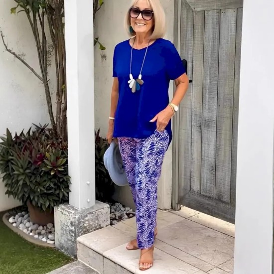 Women Casual Short-Sleeved Top Printed Pants Set