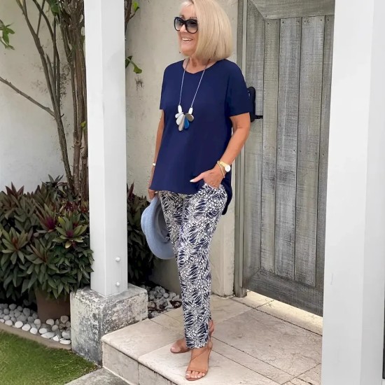 Women Casual Short-Sleeved Top Printed Pants Set