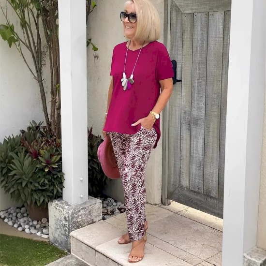 Women Casual Short-Sleeved Top Printed Pants Set
